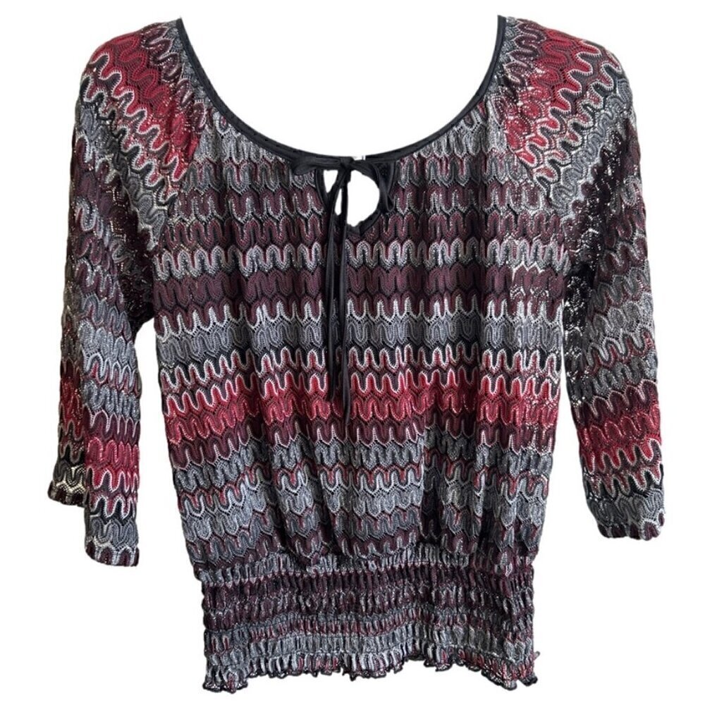 Cato Women's Long Sleeve Ripple Blouse w/ Tie Keyhole Neckline, Small